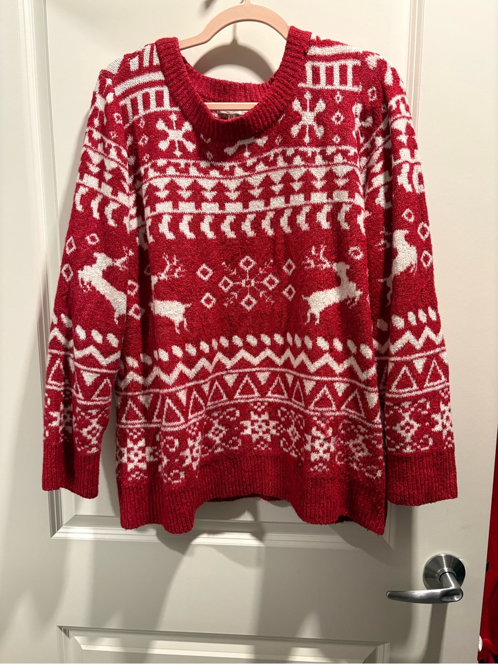 Maurices Red and White Fair Isle Reindeer Crewneck Sweater